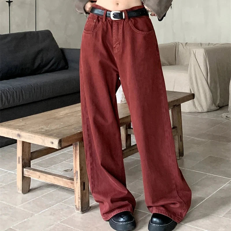 90s Style Y2K Red Baggy Denim Jeans — vista frontale