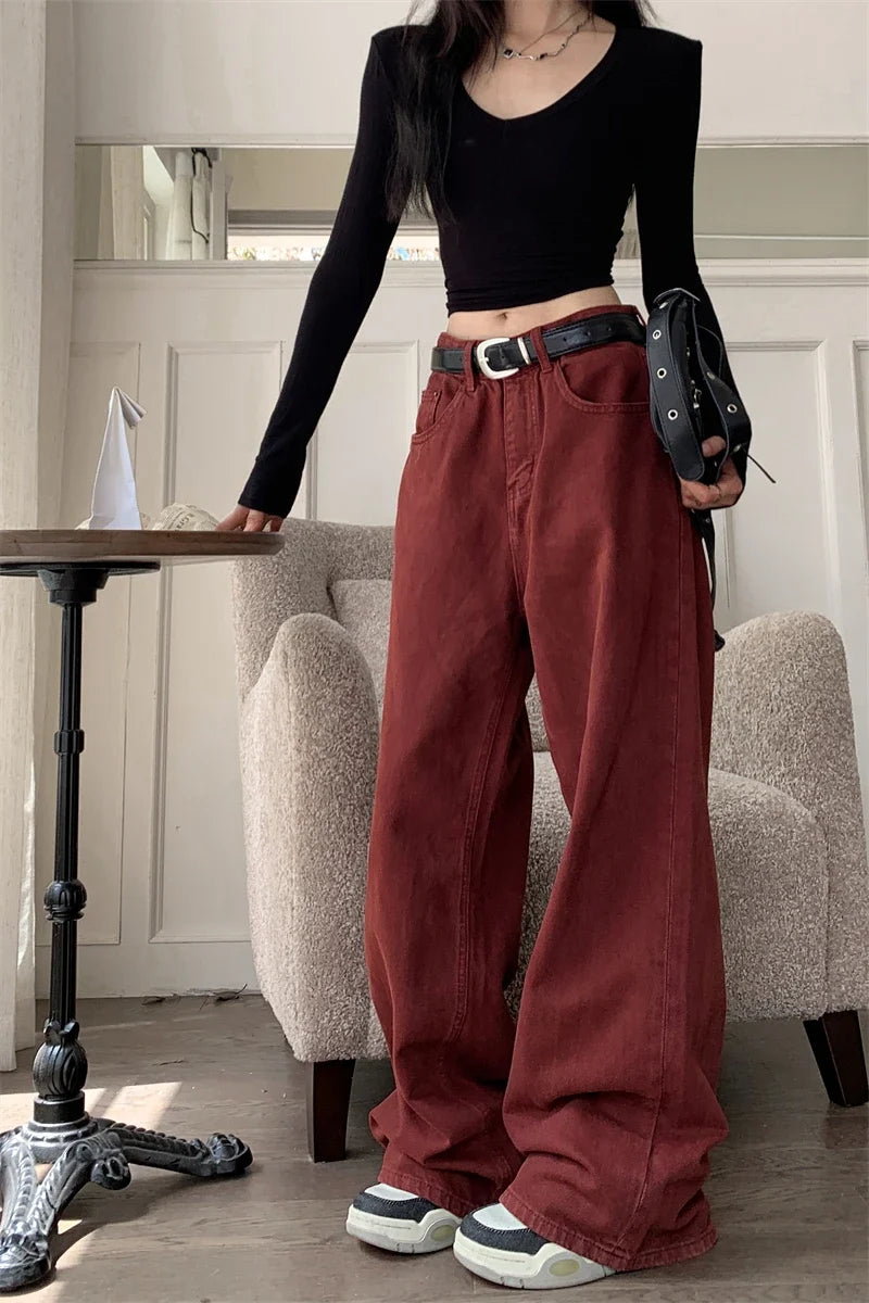 90s Style Y2K Red Baggy Denim Jeans — dettaglio