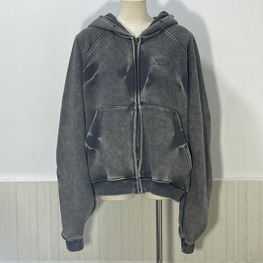 American Vintage Y2K Distressed Gradient Pile Baggy Zip Up Hoodie — dettaglio
