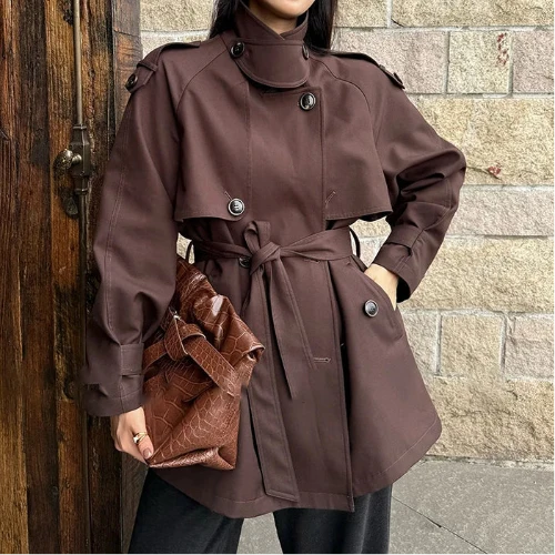 Autumnal Y2K Double Breasted Belt Trench Coat — vista frontale