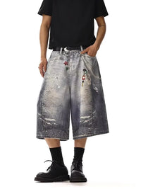 Baggy Y2K Accessories Graphic Print Denim Shorts Jorts — vista frontale