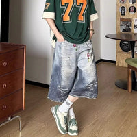 Baggy Y2K Accessories Graphic Print Denim Shorts Jorts — vista posteriore