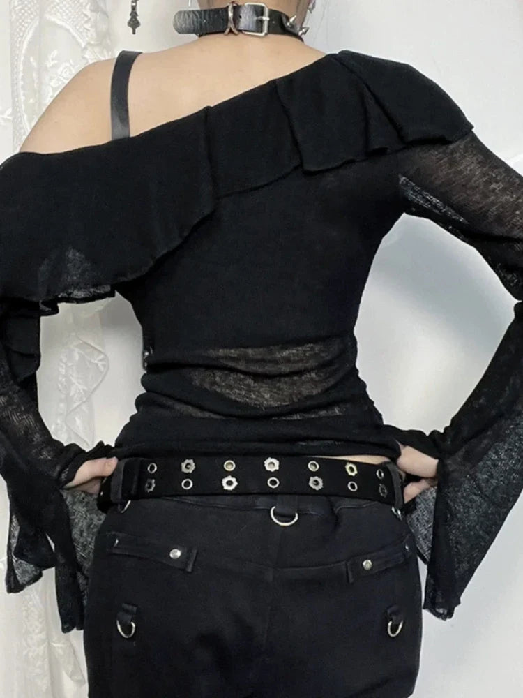 Black Y2K Gothic Cross Off Shoulder Long Sleeve Top — dettaglio della stampa