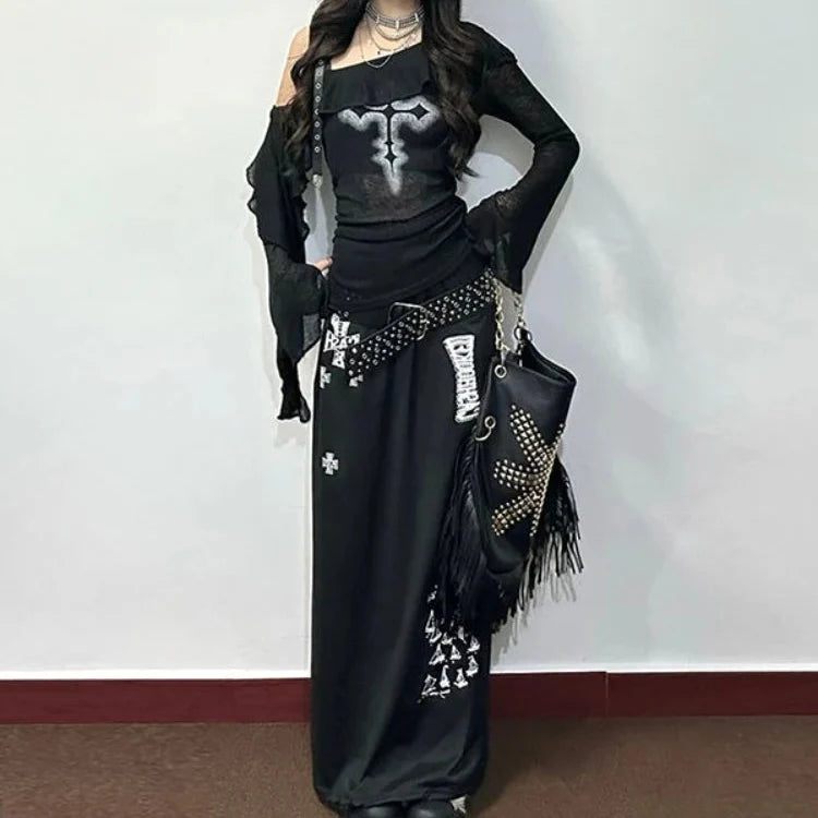Black Y2K Gothic Cross Off Shoulder Long Sleeve Top — vista posteriore