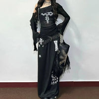 Black Y2K Gothic Cross Off Shoulder Long Sleeve Top — vista posteriore