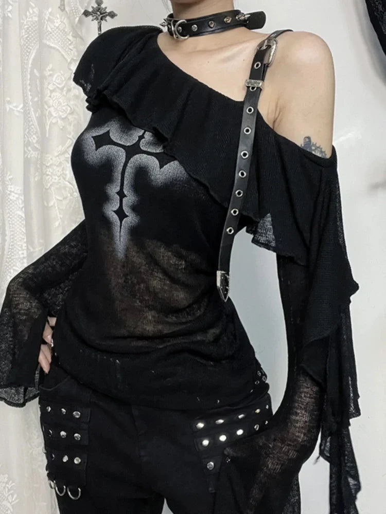 Black Y2K Gothic Cross Off Shoulder Long Sleeve Top — dettaglio
