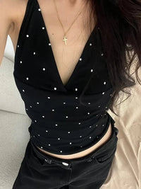 Black Y2K Polka Dot Halter Low Cut Tank Tops — vista posteriore
