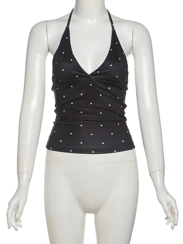 Black Y2K Polka Dot Halter Low Cut Tank Tops — dettaglio della stampa