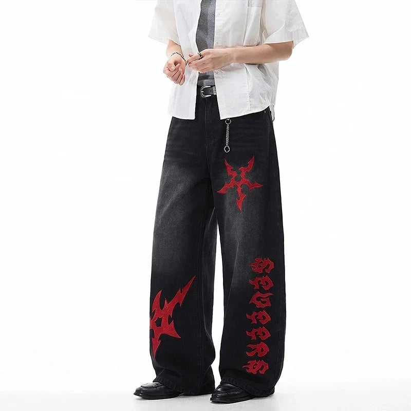 Black Y2K Red Shuriken Thorn Embroidered Graphic Baggy Jeans — dettaglio della stampa