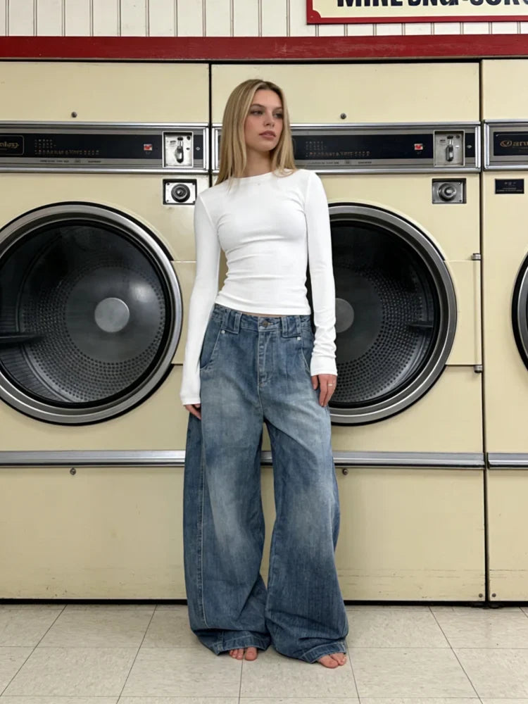 Blue Baggy Y2K Wide Leg Barrel Denim Jeans — vista laterale