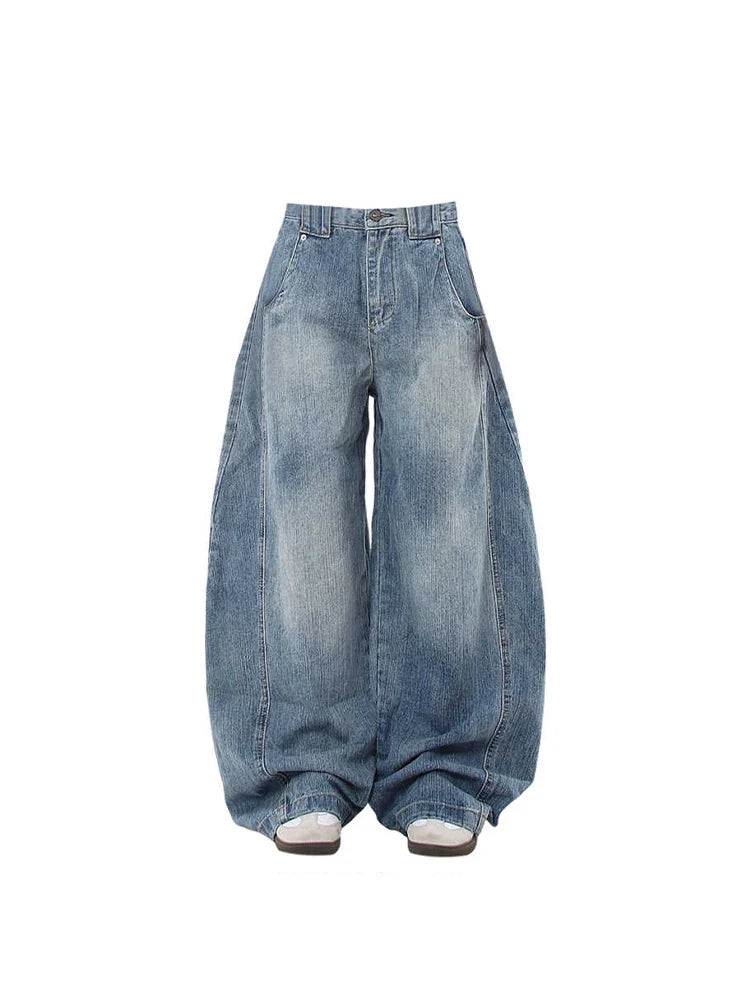 Blue Baggy Y2K Wide Leg Barrel Denim Jeans — vista frontale