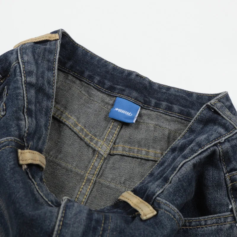 Blue Y2K Embroidered Patchwork Baggy Barrel — vista completa