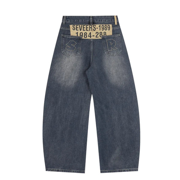 Blue Y2K Embroidered Patchwork Baggy Barrel — vista frontale