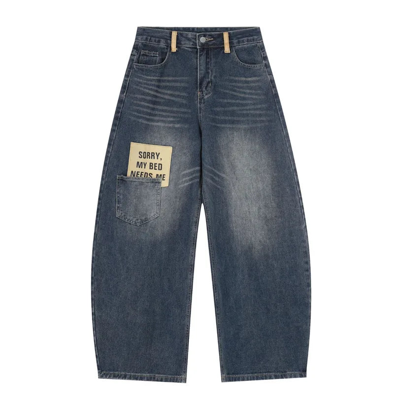 Blue Y2K Embroidered Patchwork Baggy Barrel — dettaglio