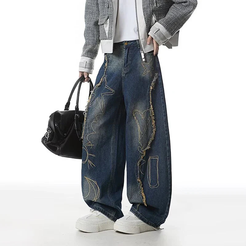 Blue Y2K Raw Edge Embroidered Graphic Baggy Jeans — dettaglio