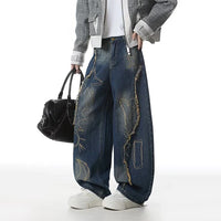 Blue Y2K Raw Edge Embroidered Graphic Baggy Jeans — dettaglio