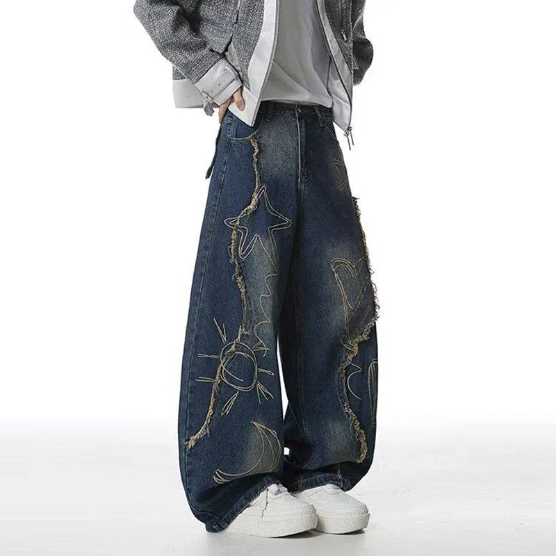 Blue Y2K Raw Edge Embroidered Graphic Baggy Jeans — dettaglio della stampa
