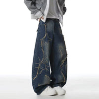 Blue Y2K Raw Edge Embroidered Graphic Baggy Jeans — dettaglio della stampa