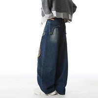 Blue Y2K Raw Edge Embroidered Graphic Baggy Jeans — in alternativa