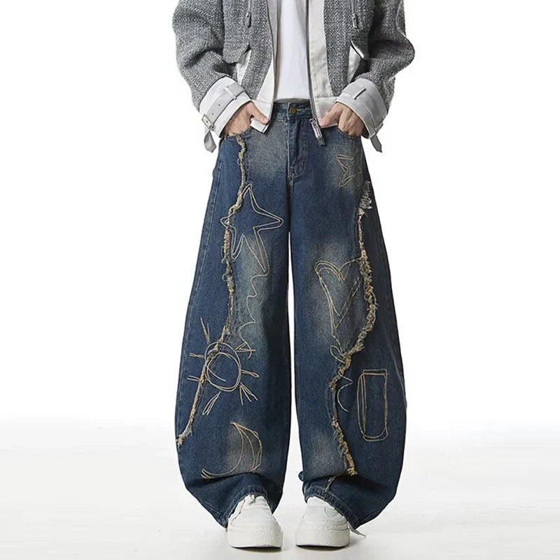 Blue Y2K Raw Edge Embroidered Graphic Baggy Jeans — vista frontale