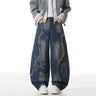 Blue Y2K Raw Edge Embroidered Graphic Baggy Jeans