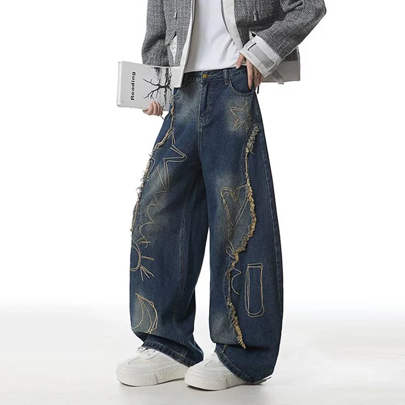 Blue Y2K Raw Edge Embroidered Graphic Baggy Jeans — vista posteriore