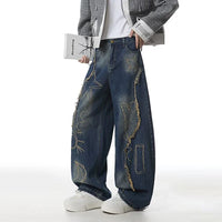Blue Y2K Raw Edge Embroidered Graphic Baggy Jeans — vista posteriore