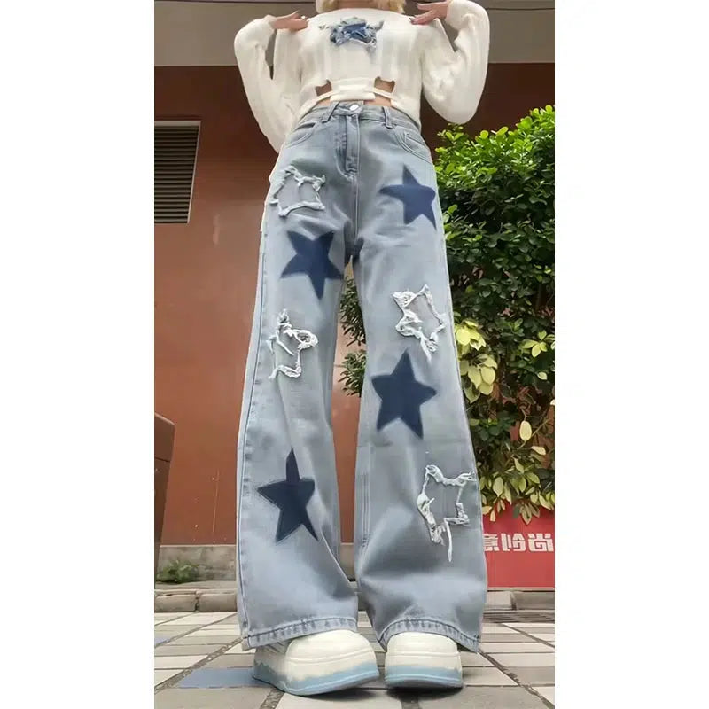 Blue Y2K Star Logo Embroidered High Waist Jeans — vista frontale