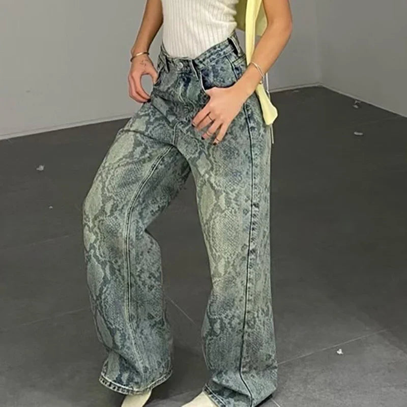 Chic Snake Print Graphic Y2K High Waist Baggy Jeans — dettaglio
