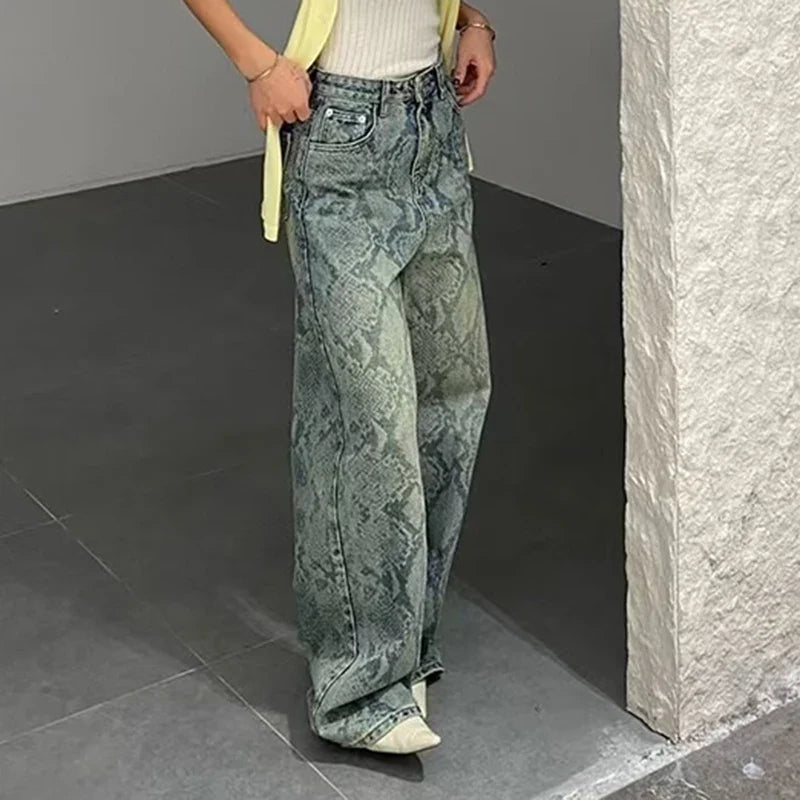 Chic Snake Print Graphic Y2K High Waist Baggy Jeans — dettaglio della stampa