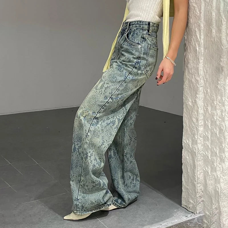 Chic Snake Print Graphic Y2K High Waist Baggy Jeans — in alternativa