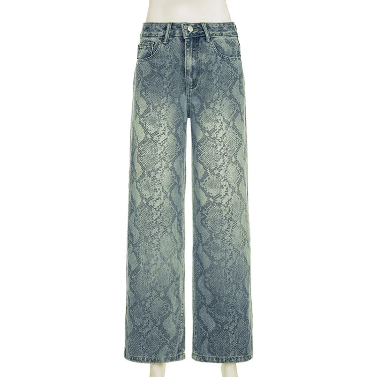 Chic Snake Print Graphic Y2K High Waist Baggy Jeans — dettaglio del tessuto