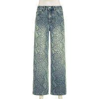 Chic Snake Print Graphic Y2K High Waist Baggy Jeans — dettaglio del tessuto
