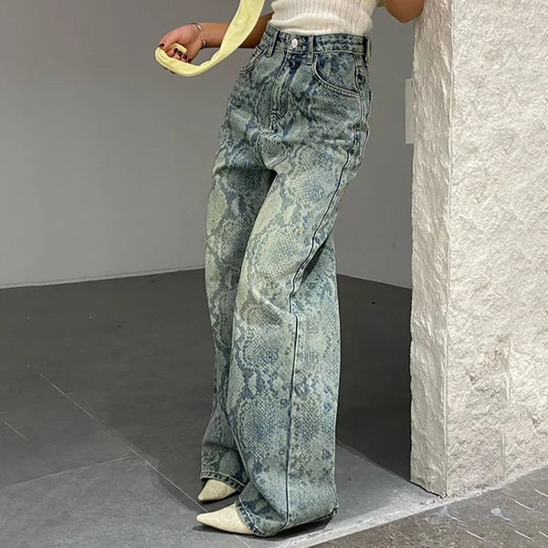 Chic Snake Print Graphic Y2K High Waist Baggy Jeans — vista frontale