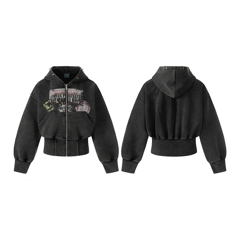 Cropped Y2K Graphic Washed Old Zip Up Hoodie — dettaglio del tessuto