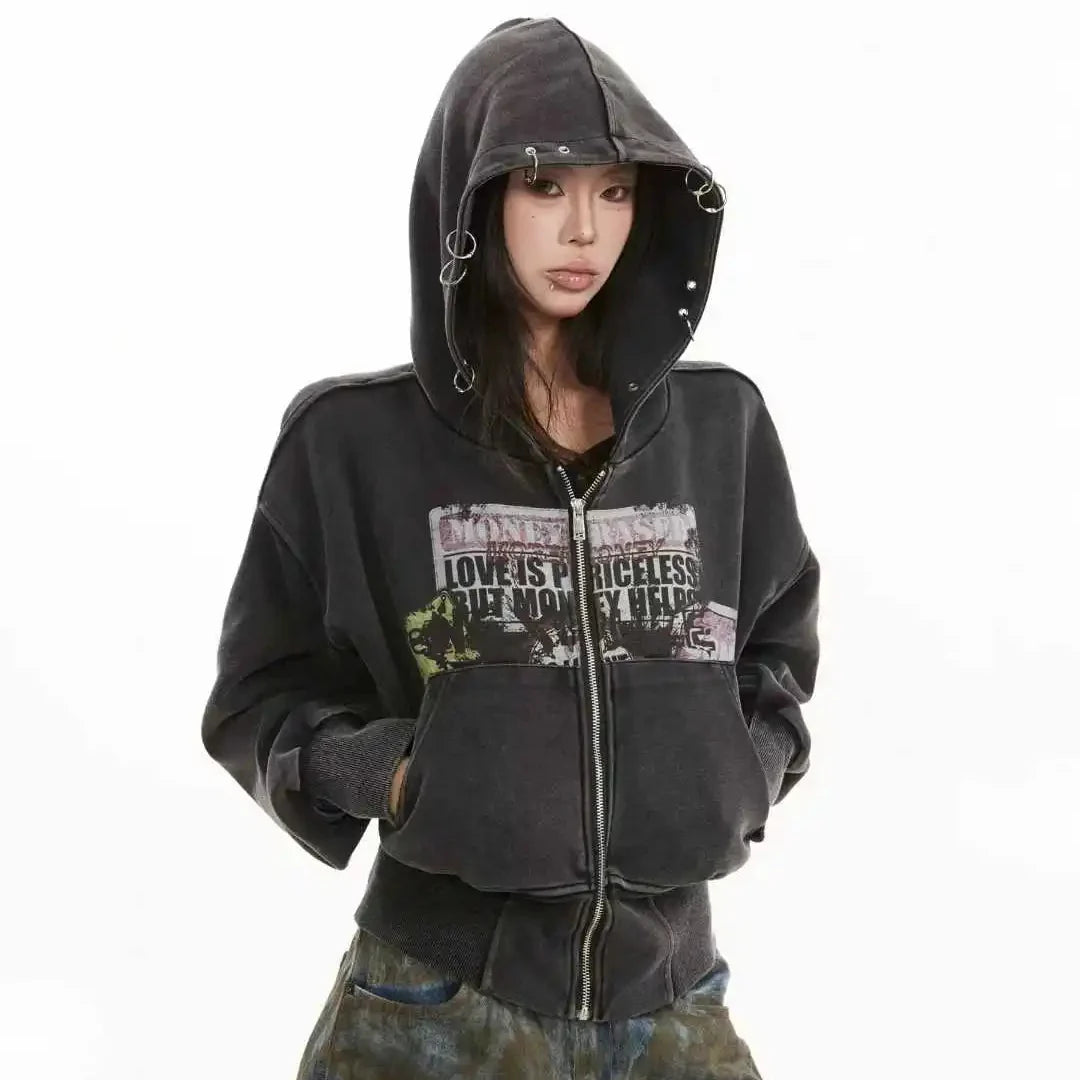 Cropped Y2K Graphic Washed Old Zip Up Hoodie — dettaglio