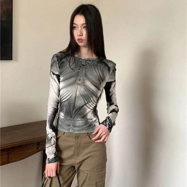 Cyber Y2K Armour Graphic Mesh Long Sleeve Top