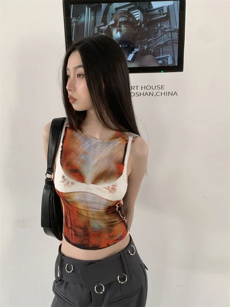 Cyber Y2k Summer Mesh Tank Top — vista frontale