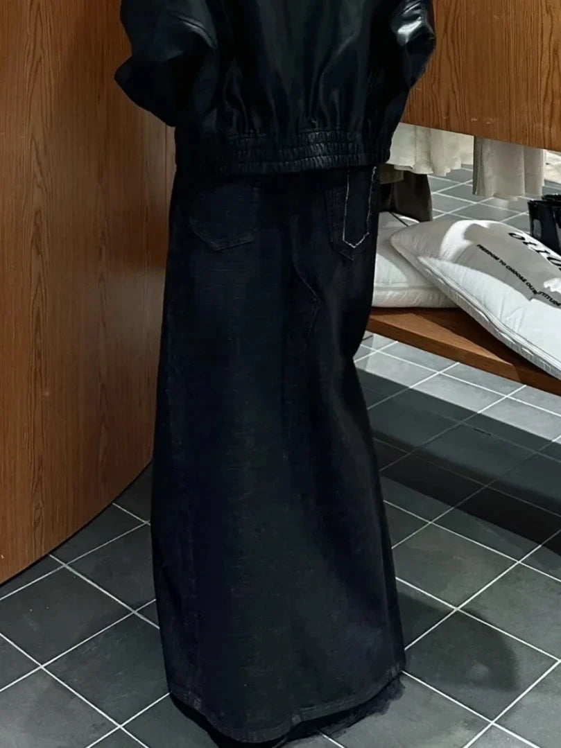 Dark Core Y2k Grunge Denim Maxi Skirt — vista posteriore