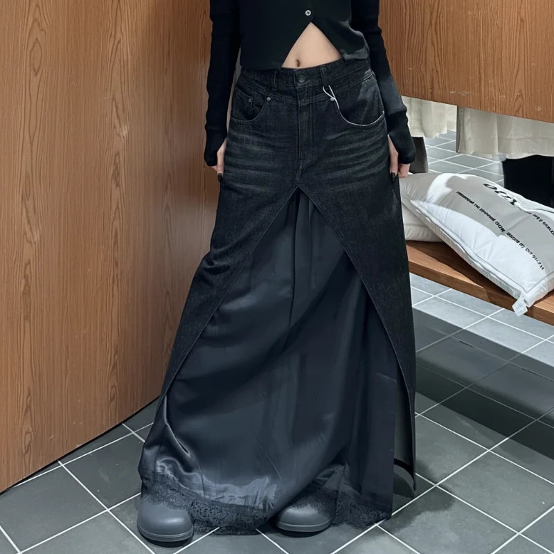 Dark Core Y2k Grunge Denim Maxi Skirt — vista frontale