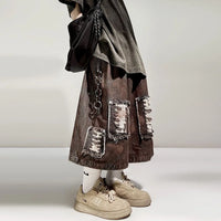 Distressed Wide Leg Y2K Dirty Grunge Baggy Denim Shorts Jorts — dettaglio