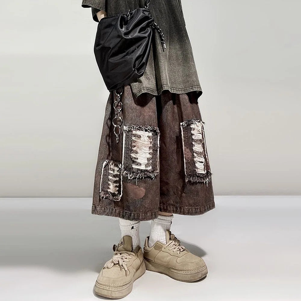 Distressed Wide Leg Y2K Dirty Grunge Baggy Denim Shorts Jorts — dettaglio della stampa