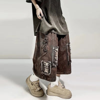 Distressed Wide Leg Y2K Dirty Grunge Baggy Denim Shorts Jorts — vista frontale