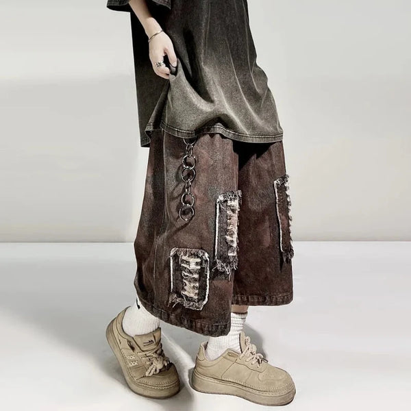 Distressed Wide Leg Y2K Dirty Grunge Baggy Denim Shorts Jorts — vista frontale