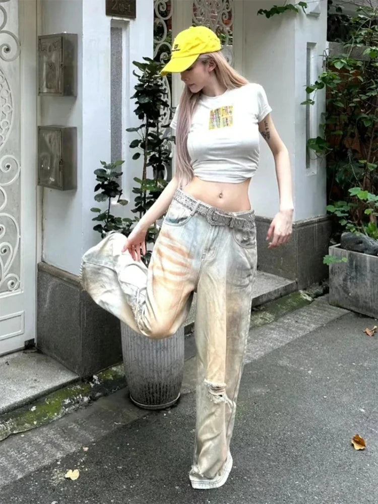 Distressed Y2K Baggy Ripped Low Waist Denim Jeans — vista posteriore