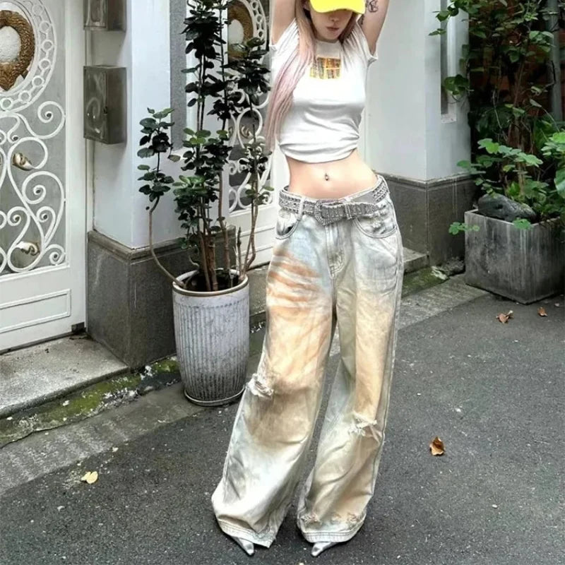 Distressed Y2K Baggy Ripped Low Waist Denim Jeans — vista frontale