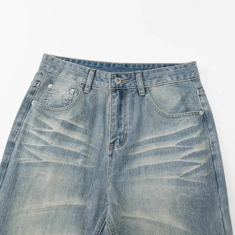 Distressed Y2K Blue Washed Slightly Flared Denim Jeans — dettaglio