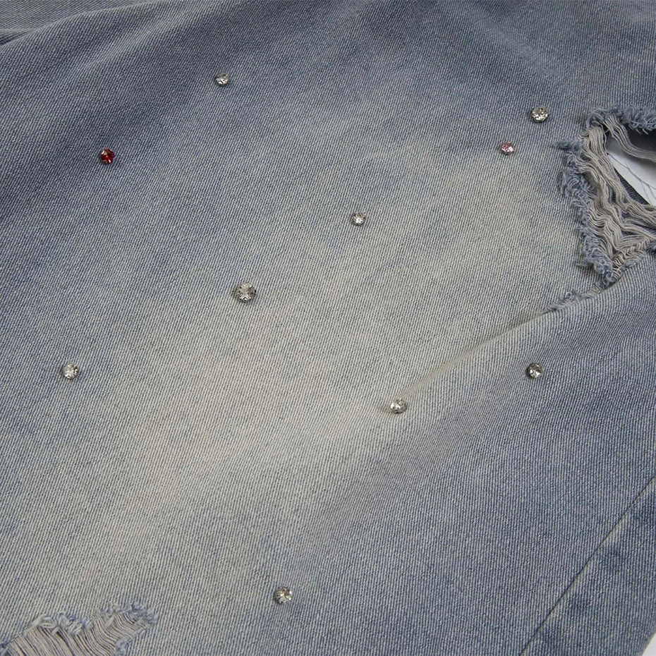Distressed Y2K Rhinestone Studded Denim Shorts Jorts — dettaglio della stampa