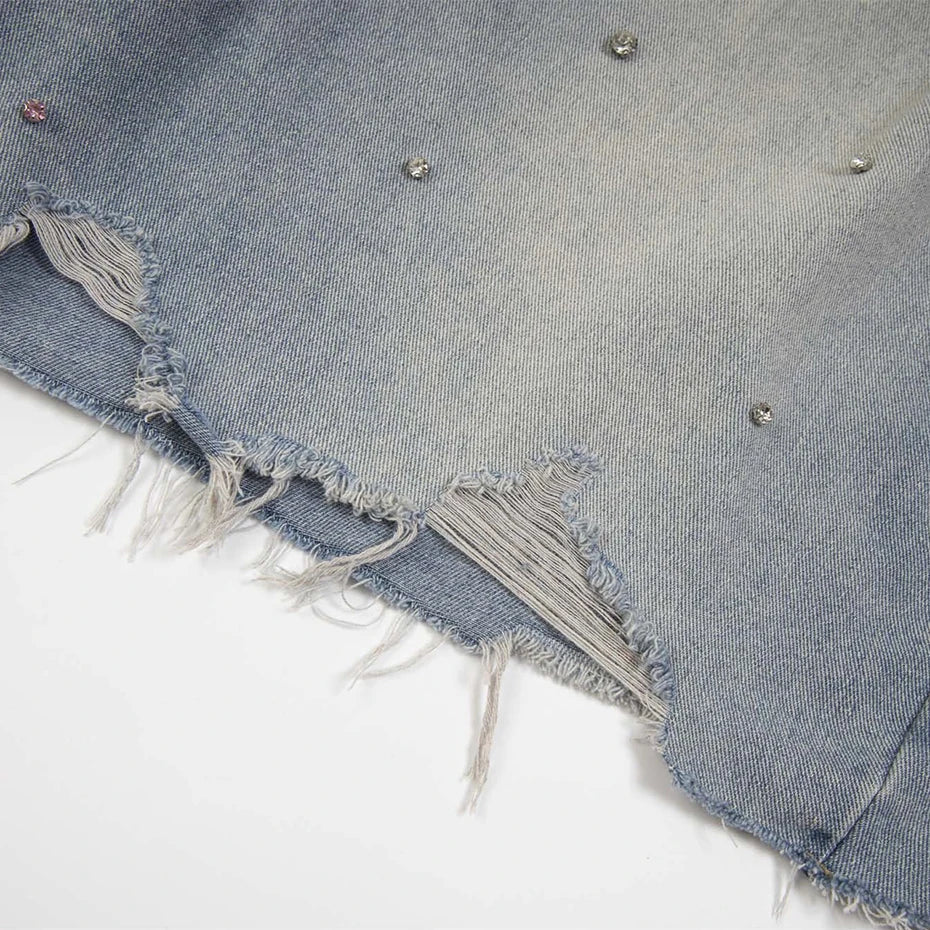 Distressed Y2K Rhinestone Studded Denim Shorts Jorts — vista laterale
