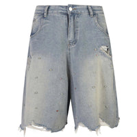 Distressed Y2K Rhinestone Studded Denim Shorts Jorts — vista frontale